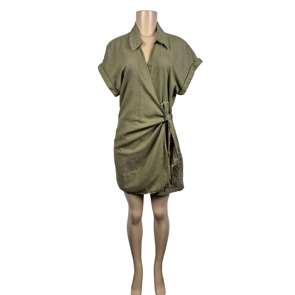 Zara Olive Green Linen Cotton Blend Wrap Front Romper Short Sleeve Size M